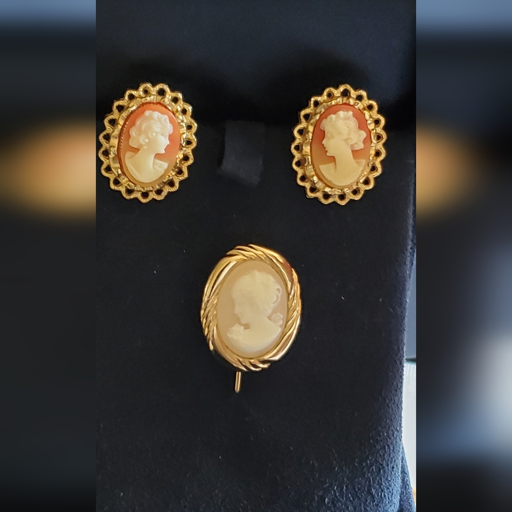 Vtg. Patented  Cameo  Clip On Errings & Stick Pin